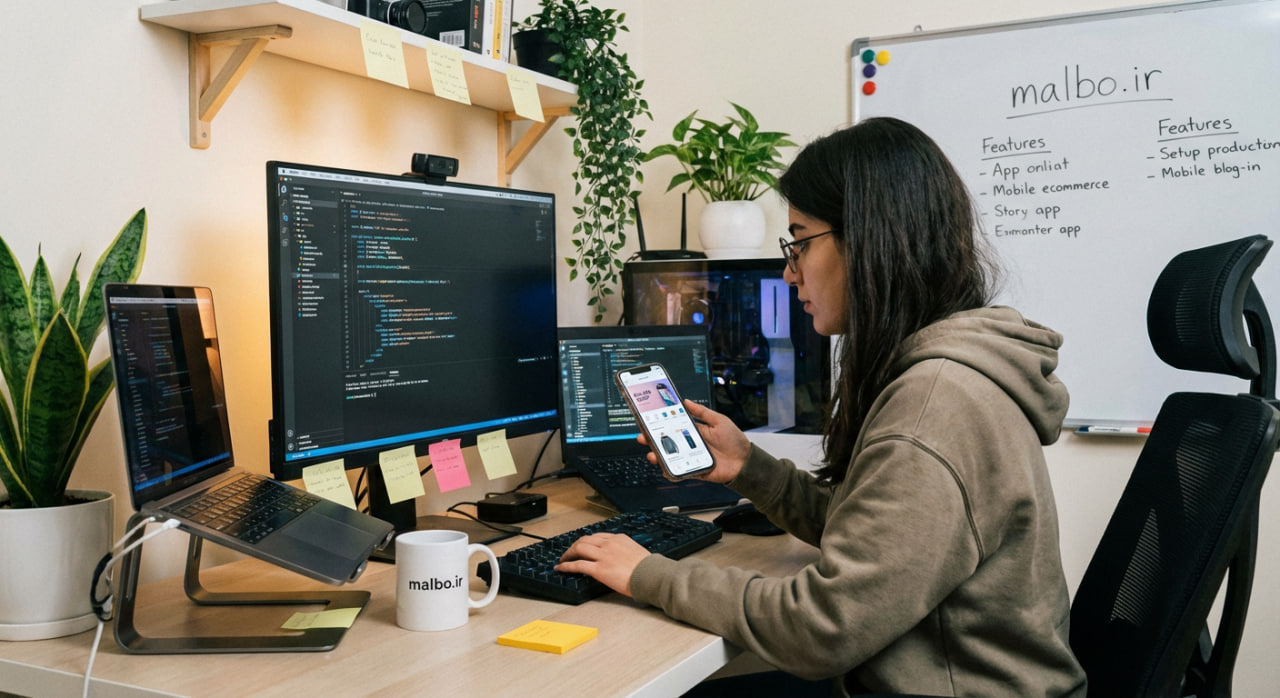 برنامه‌نویس در حال توسعه اپلیکیشن موبایل شخصی برای فروش در استورها
